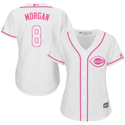 Reds #8 Joe Morgan White/Pink Fashion Women's Stitched MLB Jersey - Click Image to Close